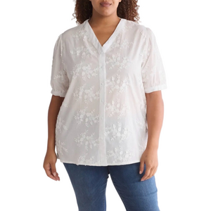 Liv Los Angeles Forgotten Grace White Embroidered V-Neck Button-Up Top Plus 1X